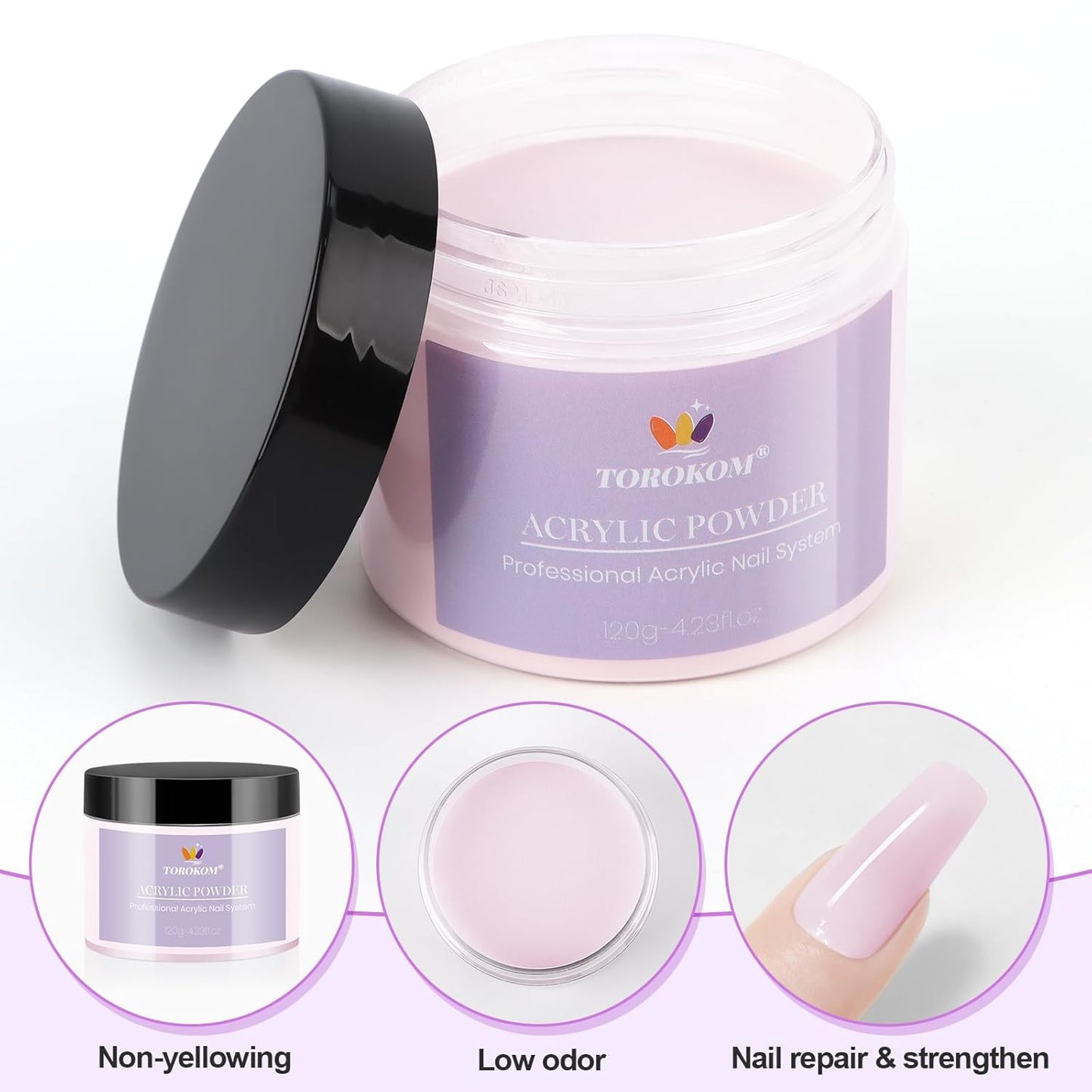 TOROKOM Pink Acrylic Powder - Self-Leveling Dip Powder for Nails | Long-Lasting, 120g/4.23oz