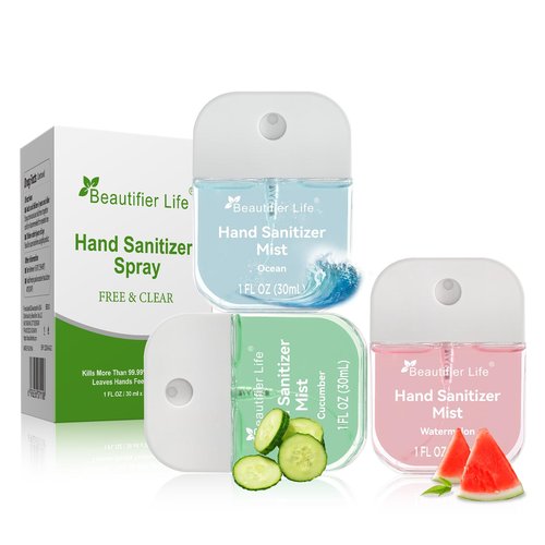 Beautifier Life Mini Hand Sanitizer Mist Spray 3 Pack-Travel Size Portable 1 Fl Oz (30ml) 70% Alcohol, Fast-Dry No-Rinse Formula, Assorted Ocean, Watermelon, Cucumber Scents for On-The-Go Cleanliness