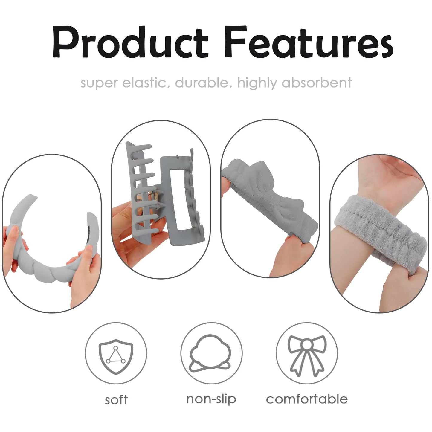 Canitor Sponge Spa Headbands Wristband Set with Hair Clips Skincare Headbands for Washing Face Non Slip Puffy Terry Cloth Makeup Headband Face Wash Wrist Bands Cute Trendy Stuff (gray)