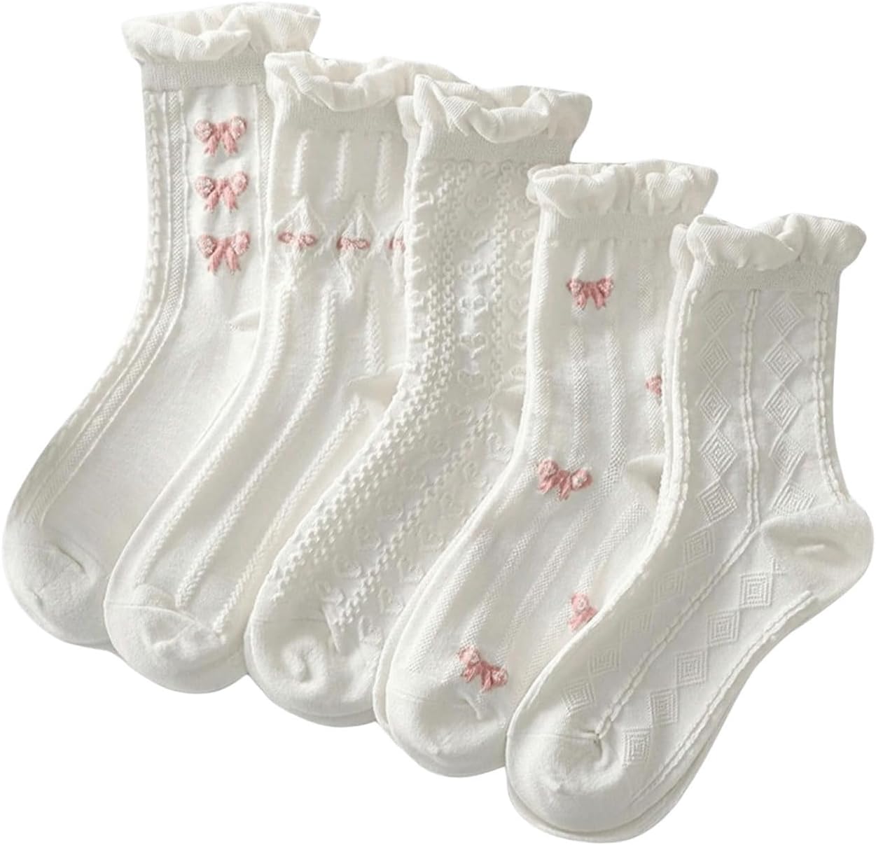 SHENHE Women's Crew Socks - Cute Ruffle Bow Print Design | 5 Pairs of Knitted Mid Calf Socks