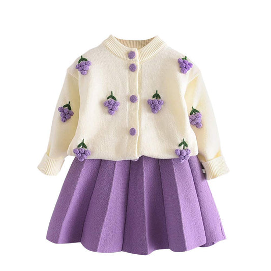 Toddler Baby Girls Autumn Winter Clothes Crochet Knitted Button up Long Sleeve Ruffle Bowknot Sweater Tops+Pleated Mini Tutu Skirt 2pcs Outfit Princess Dress up Costume for Kids Purple 4-5 Years