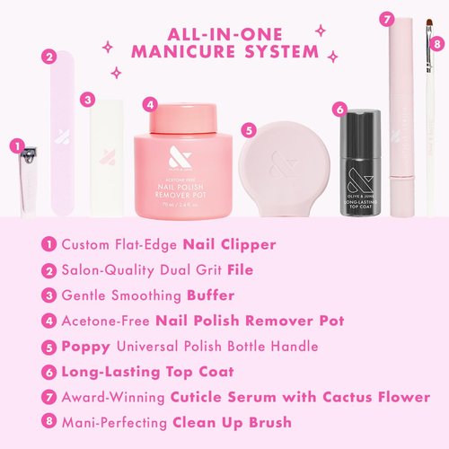 Olive & June Long Lasting Mani System Set - Complete At-Home Nail Kit with Tools, The Poppy, Cuticle Serum & Top Coat | Vegan & Cruelty-Free