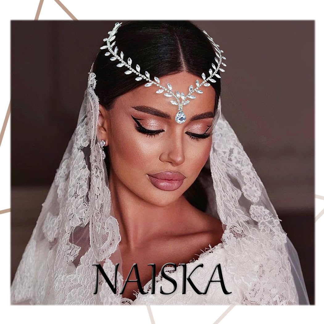 NAISKA Gold Crystal Head Chain Wedding Teardrop Headpiece Bridal Headband Forehead Hair Chain Rhinestone Headpieces Jewelry Prom Costume Hair Accessories for Women and Girls