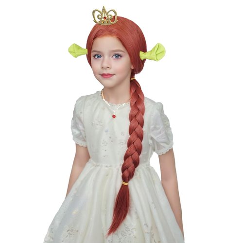 Aicos Long Red Braid Wig for Kids Princess Red Costume Wig with Crown for Halloween Cosplay Party