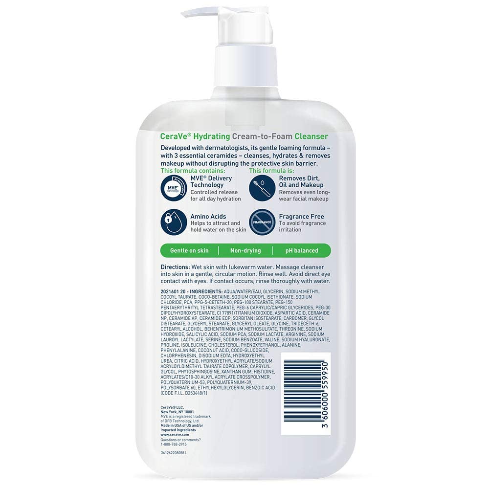 CeraVe Hydrating Foam Cleanser - Gentle Makeup Remover for Dry Skin | 19 Fl Oz, Fragrance-Free
