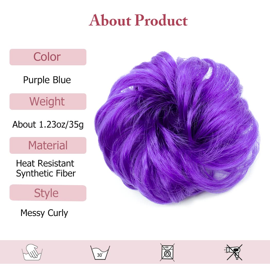 QTHQTFL 1 PCS Messy Bun Hair Piece, Hair Bun Hair Pieces for Women Girls Curly Wavy Synthetic Hair Bun Scrunchies Ponytail Extensions Purple Blue