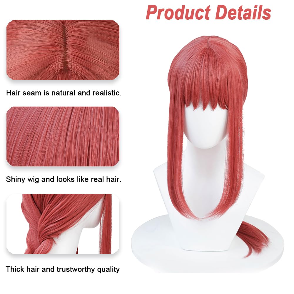 SEISAIDO Long Red Wig Anime Pink Cosplay Braids Wigs with Bangs for Csm Halloween Party Hair + Wig Cap