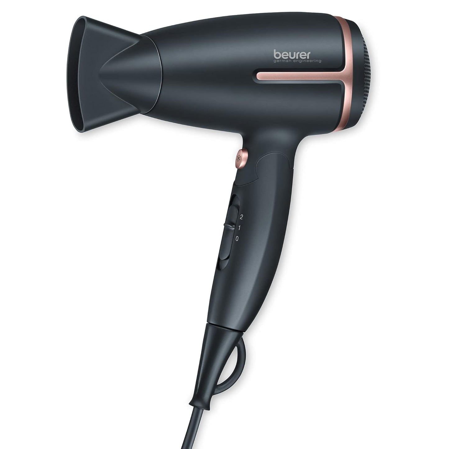 Beurer Ionic Hair Dryer - 1600W Travel Blow Dryer with Voltage Switch & Foldable Handle | Black/Rose Gold