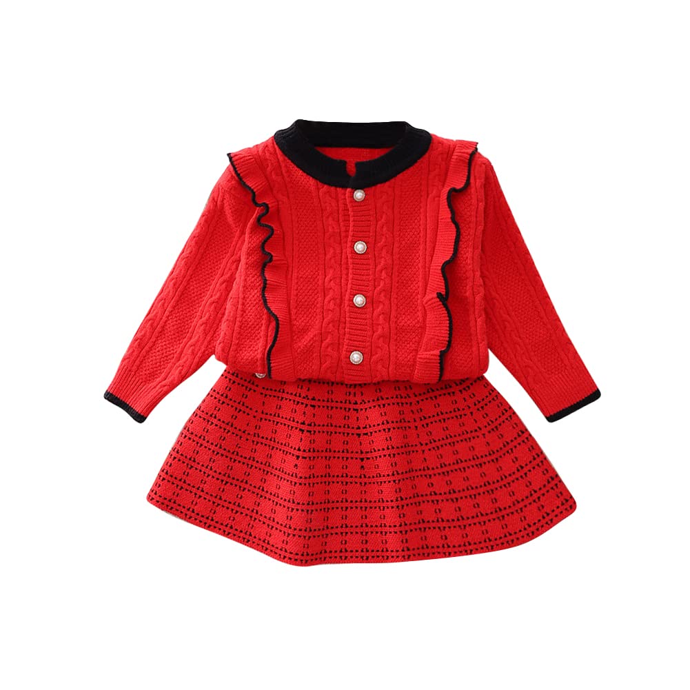 Toddler Baby Girls Autumn Winter Fall Clothes Knit Long Sleeve Ruffle Sweater Top+Pleated Mini Tutu Skirt 2pcs Outfit for Kids Princess Casual Playwear Homewear Clothing Set Red-Plaid 12-18 Months