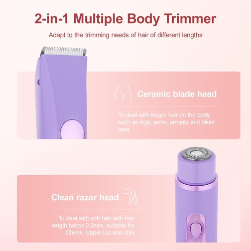 Bikini Trimmer for Women, 2 in 1 Dual Head Electric Shaver, Ceramic Blade, IPX7 Waterproof, LCD Display, USB Rechargeable Cordless Wet/Dry Painless Hair Removal for Face, Body & Bikini Line (Violet)