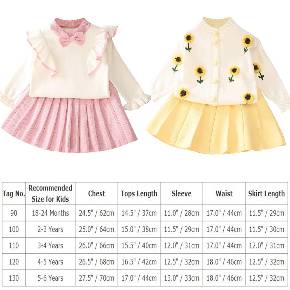 Toddler Baby Girls Autumn Winter Clothes Knitted Button up Long Sleeve Ruffle Bowknot Sweater Tops+Pleated Mini Tutu Skirt 2pcs Outfit Princess Dress up Costume for Kids Yellow-Cherry 4-5 Years