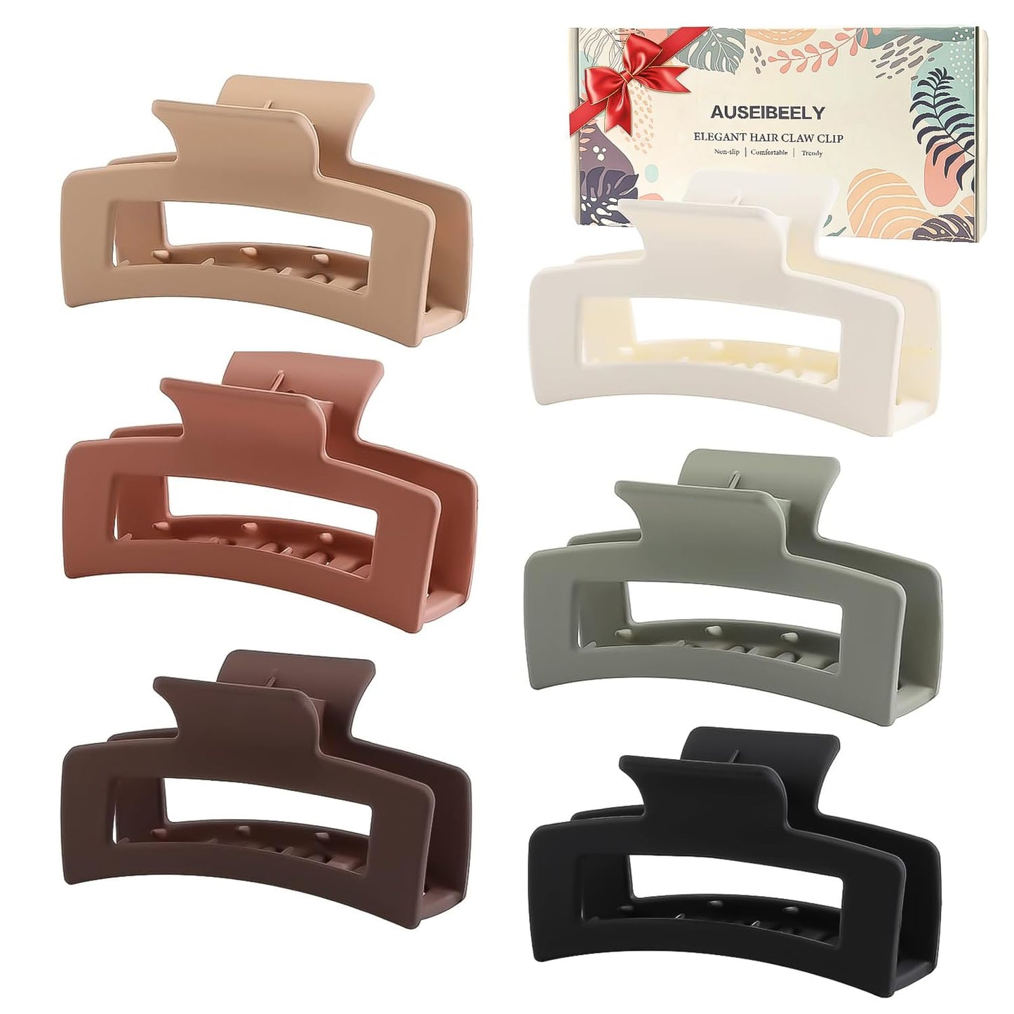 6 Pack Square Claw for Women Girls, 3.5" Medium Non-slip Rectangular Matte Clips Strong Hold Jumbo Hair Styling Accessories, Cool