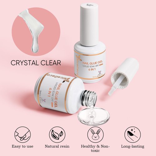 Nicedeco Gel Polish 6 in 1 Nail Glue Gel for Acrylic Nails, Hema Free, Cruelty Free, Vegan 2 Pcs 15ml Super Strong Brush in Nail Gel Glue for False Nails Tips and Gel Nail Polish Led Lamp Required
