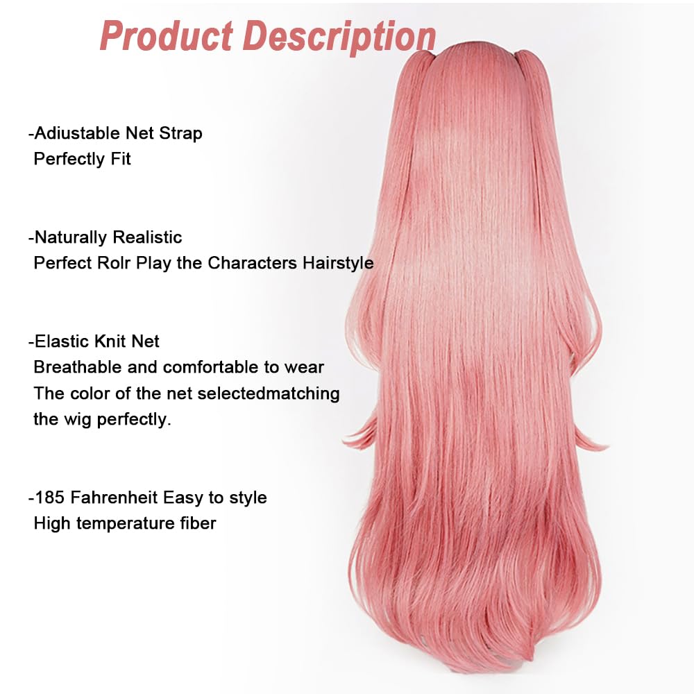 SEISAIDO Long Pink Wig + Headwear Anime Cospaly Wig with Two Ponytails for Halloween Christmas Party