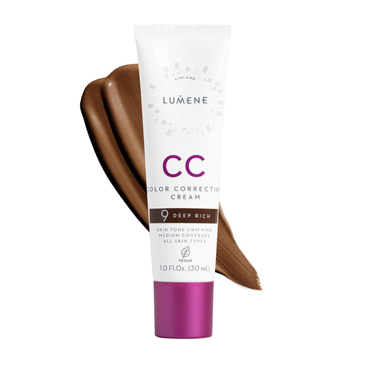 Lumene Color Correcting CC Cream - Lightweight Foundation with Medium Coverage - Redness Reducing Face Makeup for Glowing Complexion - Vegan Formula + Suitable for All Skin Types - Deep Rich (1 fl oz)