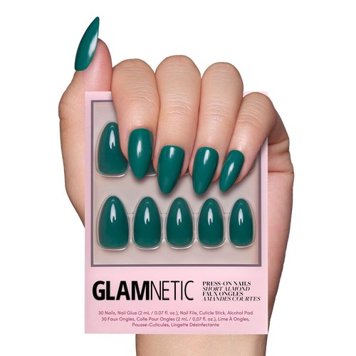Glamnetic Press On Nails - Emerald Green | Opaque Cool Tone, Deep Emerald Green Short Almond Fake Nails, Salon Quality | 15 Sizes - 30 Nail Kit