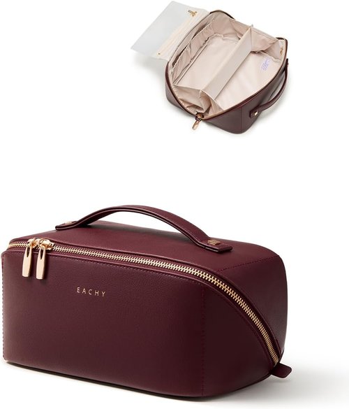 EACHY Travel Makeup Bag - Waterproof PU Leather Cosmetic Organizer for Skincare & Brushes