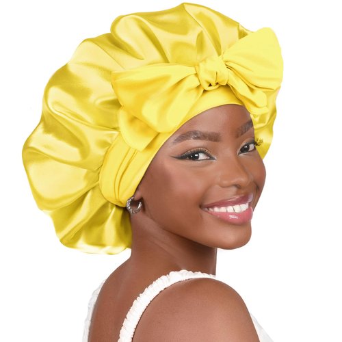 YANIBEST Adjustable Satin Bonnet for Sleeping Women Double Layer Hair Wrap Reduce Friction Prevent Frizz Natural Curly Hair, Yellow