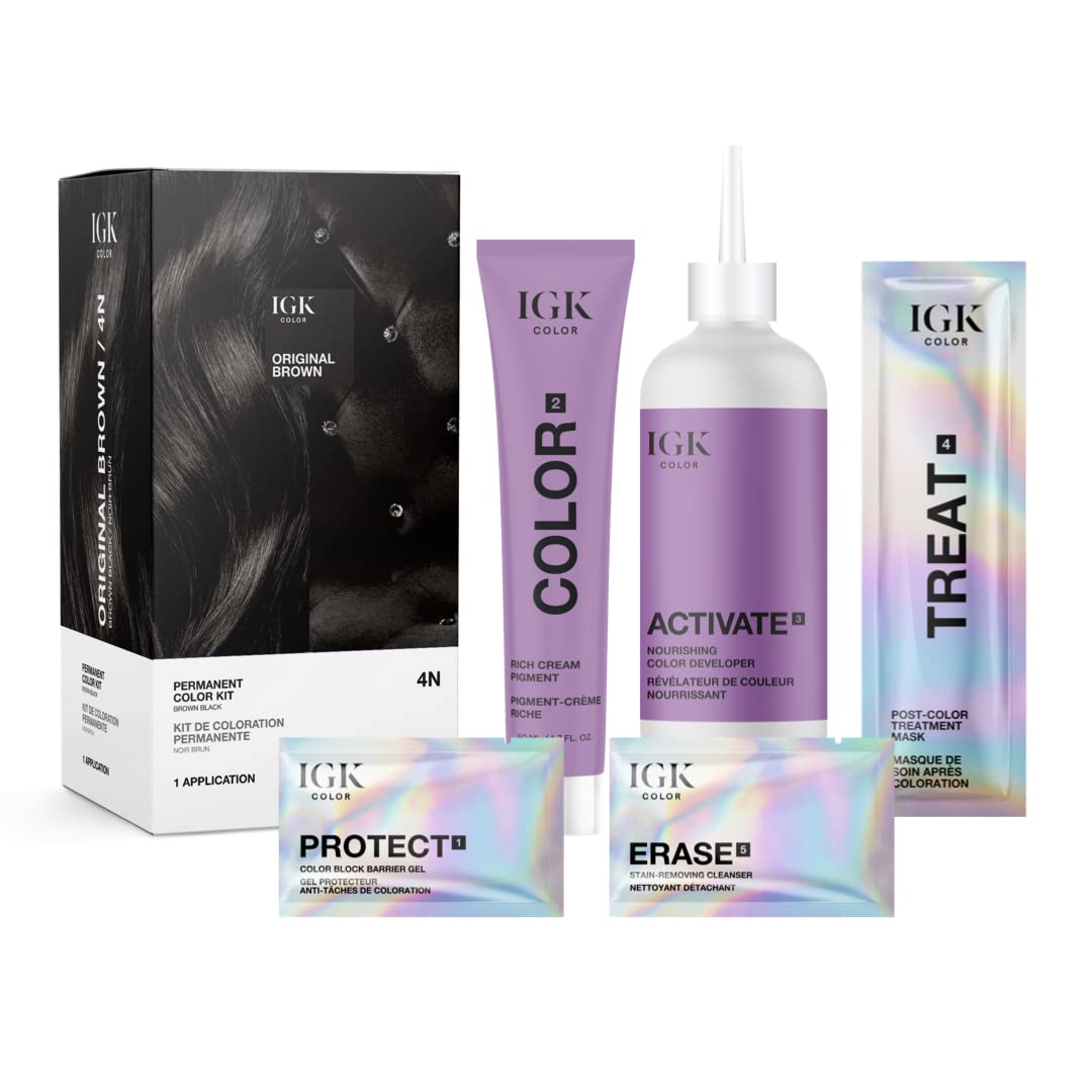 IGK Permanent Hair Color Kit | 4N Original Brown - Brown Black | 100% Gray Color Coverage + Strengthen + Shine | Ammonia Free