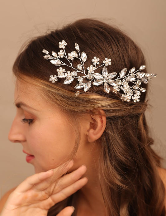 Teyglen Rhinestone Flower Bride Wedding Hair Comb Headband Crystal Hair Pieces Headpieces with Rhinestones Hair Accessories Handmade Bridal Side Hair Combs for Women Bride Girls (Silver)