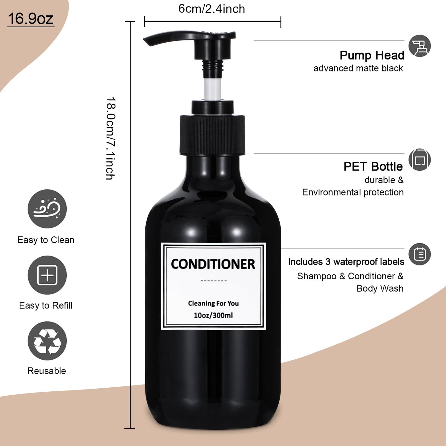 Yeeco 10oz Hand Soap Dispenser, 300ML Plastic Pump Bottles Dispenser with Waterproof Labels, Shampoo and Conditioner Dispenser for Liquid Soap, Kitchen, Bathroom, Commercial (3 Pack Black)