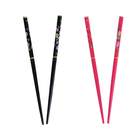 2 Sets of ﻿Wooden Hair Chopsticks with Roses - Pink & Hot Pink