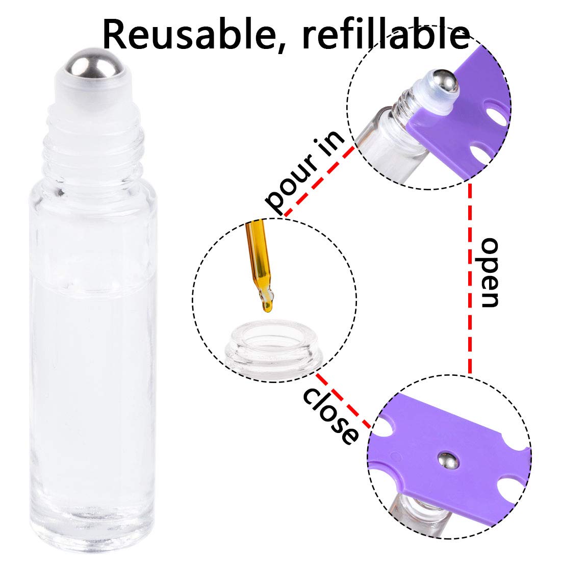 ZIZEMOJA 6Pcs 10ml Essential Oil Roller Bottles, with Stainless Steel Roller Balls, 10ml Clear Glass Roll on Bottles for Essential Oils, 1 Extra Roller Ball, 6 Labels, 1 Openers, 2 Droppers Included