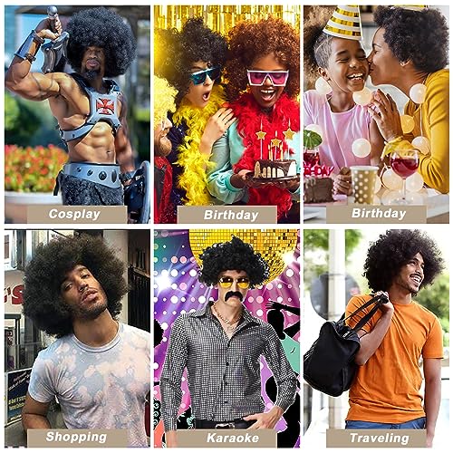 5Pcs 70s 80s Disco Wigs Set with Mustache Sunglasses Gold Chain Hairnet, Brown Afro Short Hair Synthetic Mullet Toupee for Adult Mens 50s 60s Singer Rocker Hippies Costumes Cosplay Halloween Party