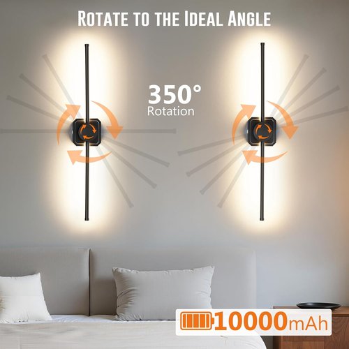 HEERTTOGO Battery Operated Wall Sconces - Set of 2 Dimmable LED Lights with Remote Control | 360° Rotatable, 3 Color Temperatures