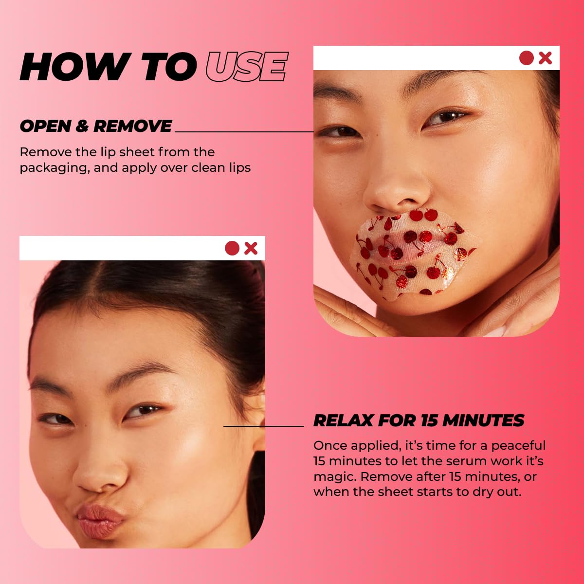 Vitamasques Lip Mask - 3-Pack Cherry Vegan Collagen Sheets for Dry, Chapped Lips | Nourishing & Hydrating with Wild Cherries & Hyaluronic Acid