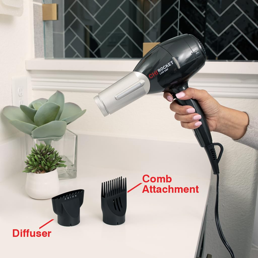 CHI Rocket Hair Dryer - Quick-Drying With Comb & Nozzle Attachment for Shiny, Frizz-Free Hair