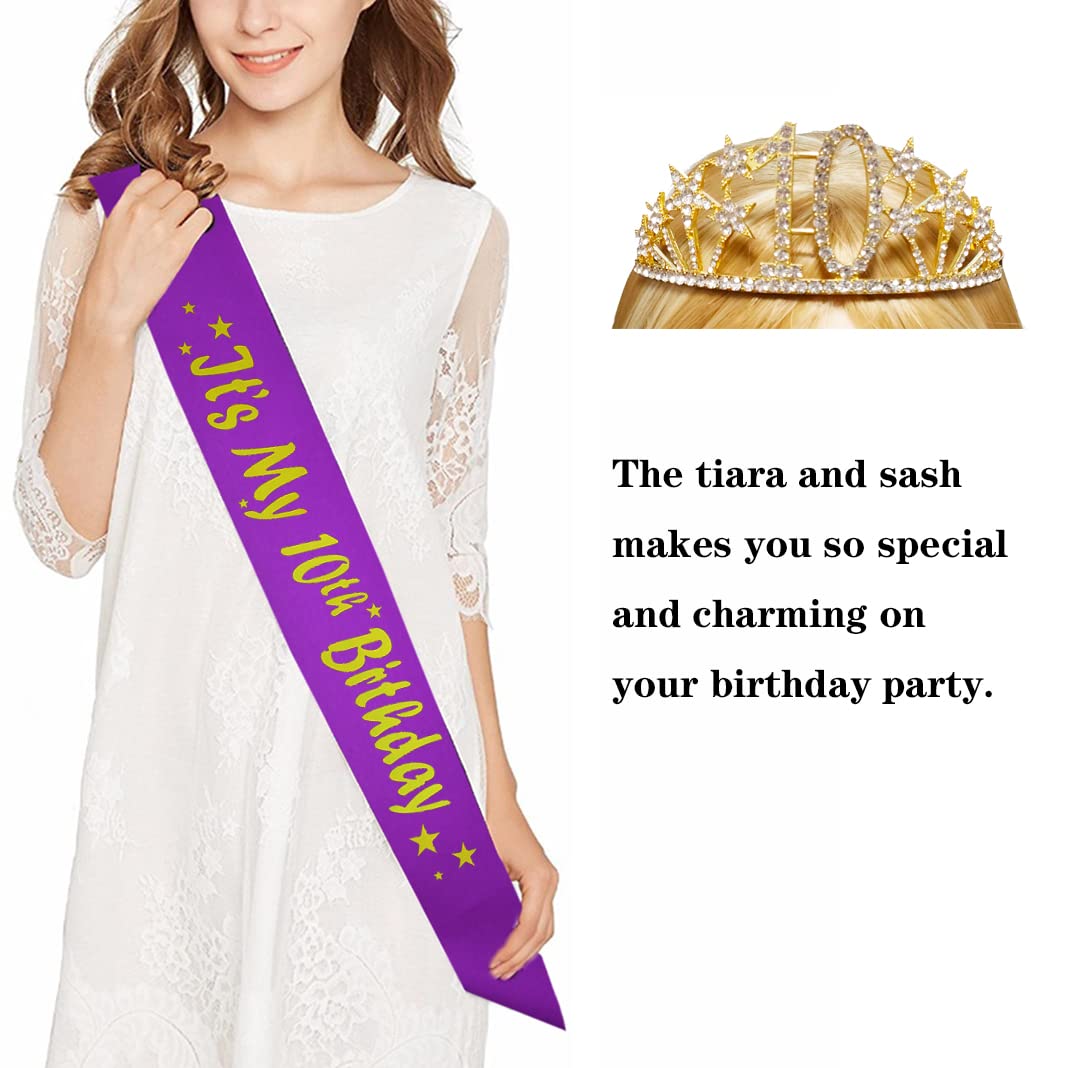 Happy 10th Birthday Tiara and Sash Gifts Crystal Rhinestone Princess Crown Birthday Girl Party Favor Supplies Gold Crowns Purple Sash