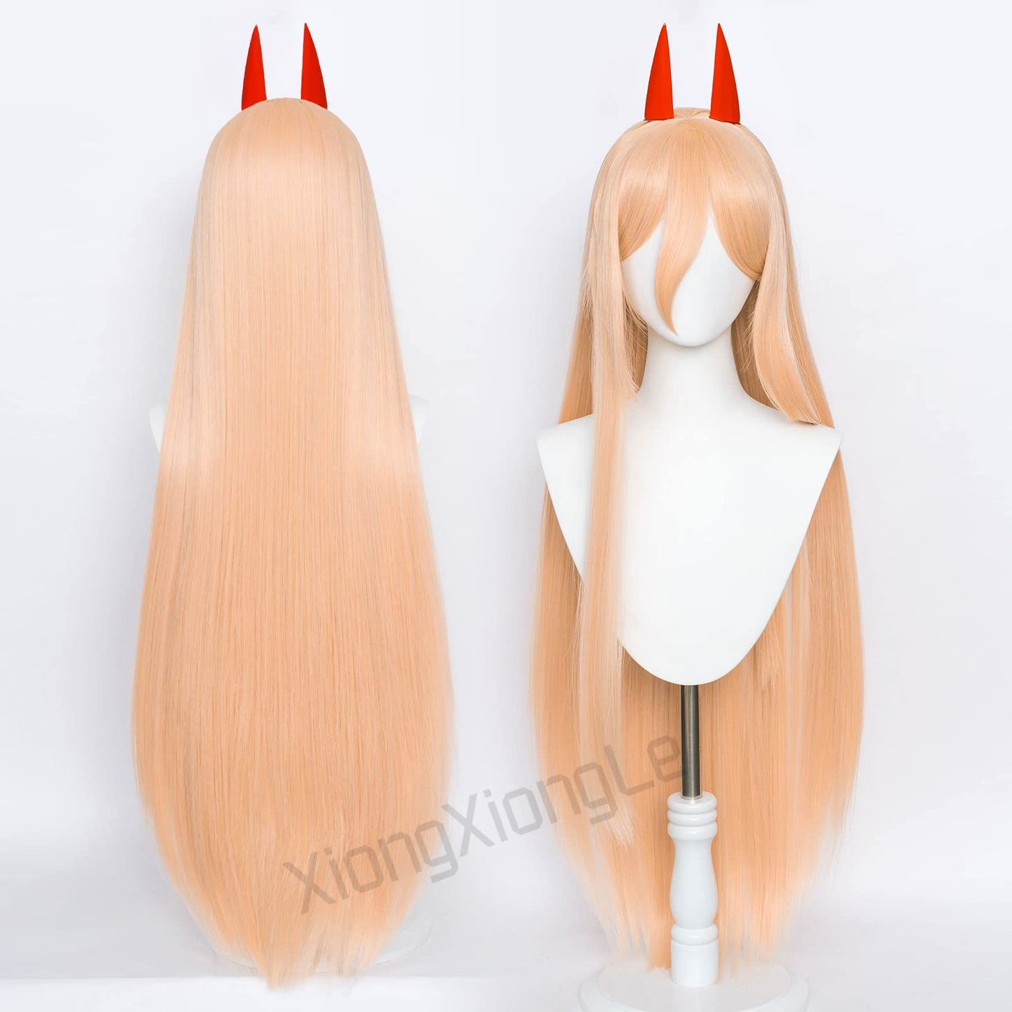 XiongXiongLe Power Orange Long Straight Cosplay Wig Anime Chainsaw Man Horns Heat Resistant Fiber Synthetic Women's Costume Hair with Cap Wig for Party Halloween(Power)