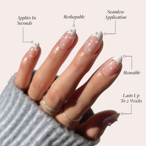 Glamnetic Press On Nails - French Pearl | Glossy, Short Almond French Tip Fake Nails with 3D Accents, Salon Quality | 15 Sizes - 30 Nail Kit with Glue
