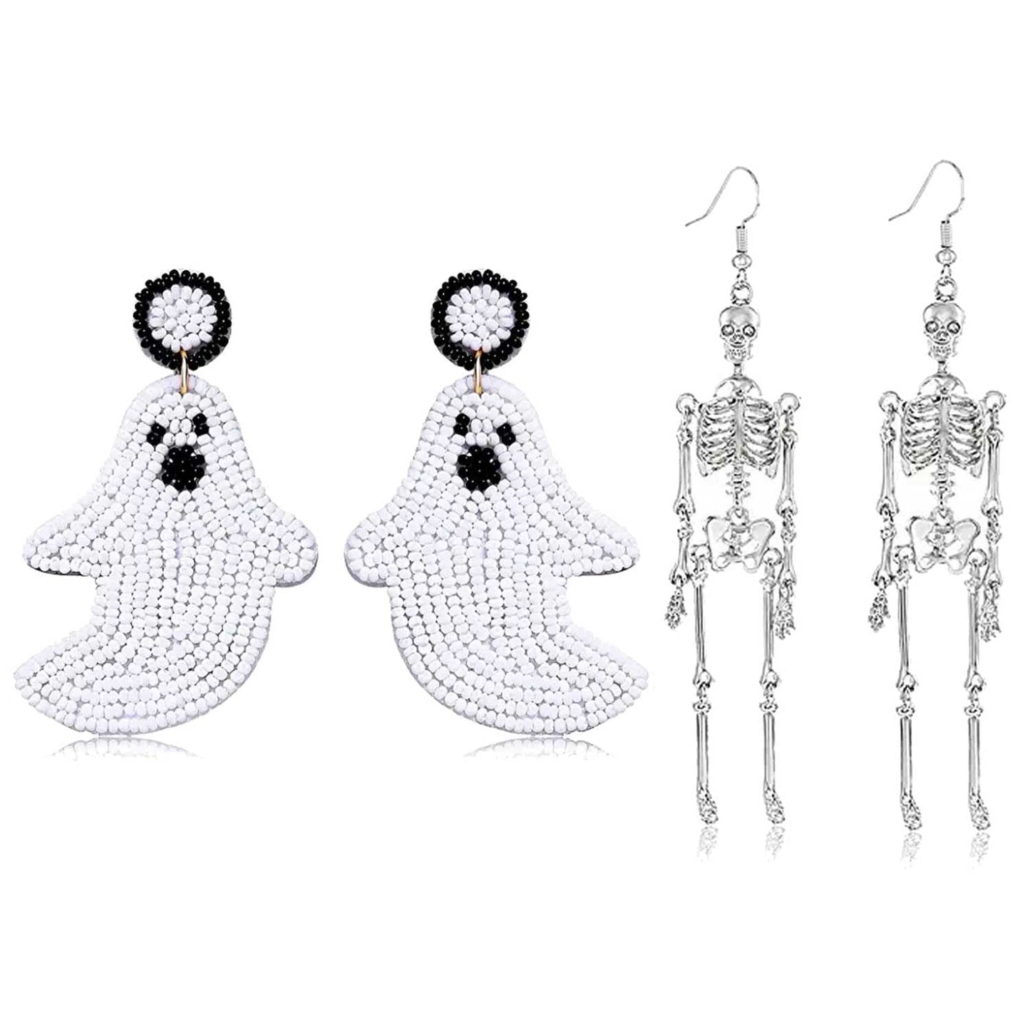 Halloween Earrings Set Beaded Boo Ghost Dangle Earrings for Women Spooky Skeleton Earrings Halloween Costumes Party Jewelry Gifts(Ghost skeleton)