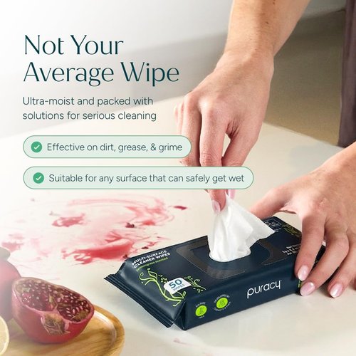 Puracy All-Purpose Cleaning Wipes - Non-Toxic Grease & Grime Cleaner | Lemongrass Scent (50 Count)