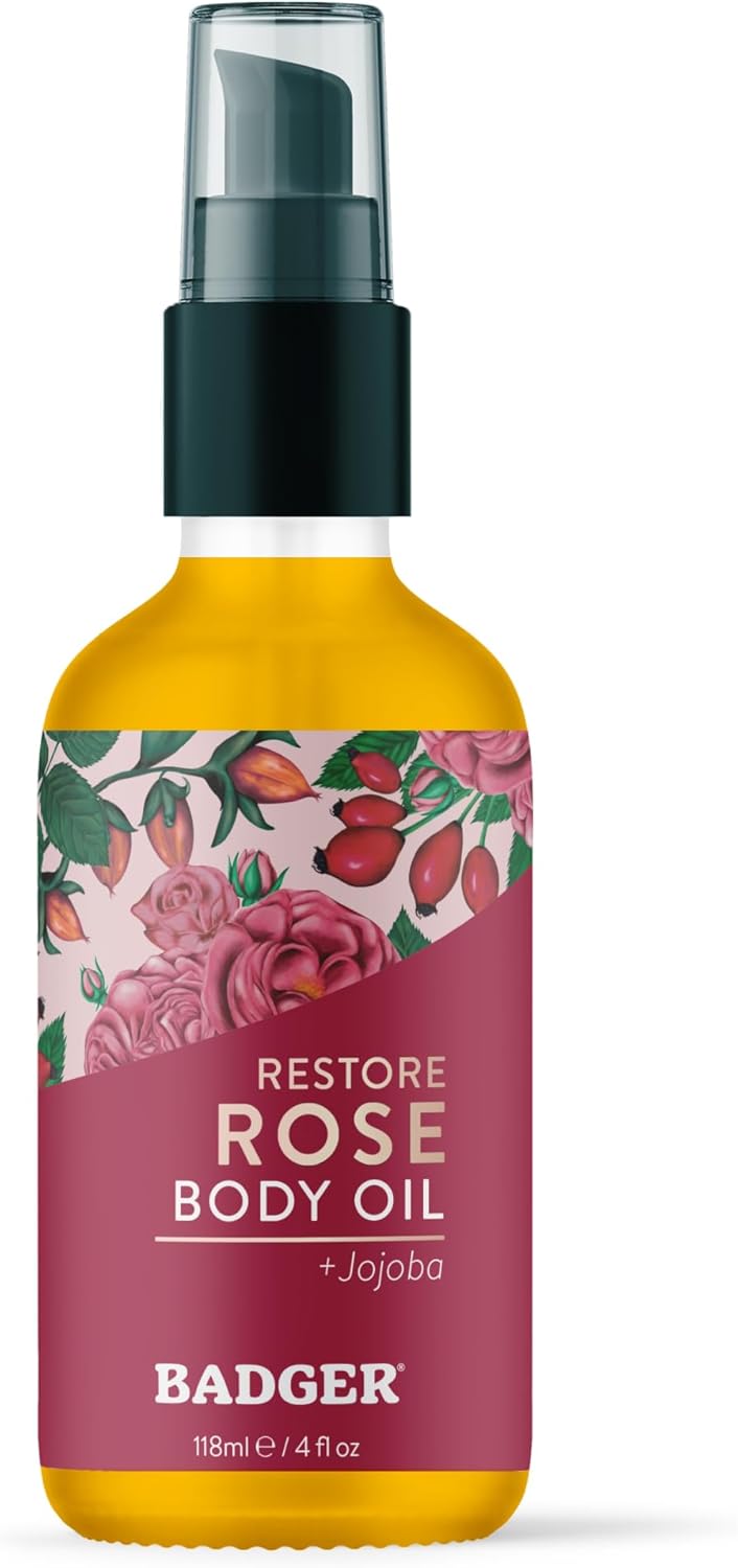Badger Rose Body Oil - 100% Organic Rose Scented Moisturizer for Dry Skin | 4 fl oz Glass Bottle