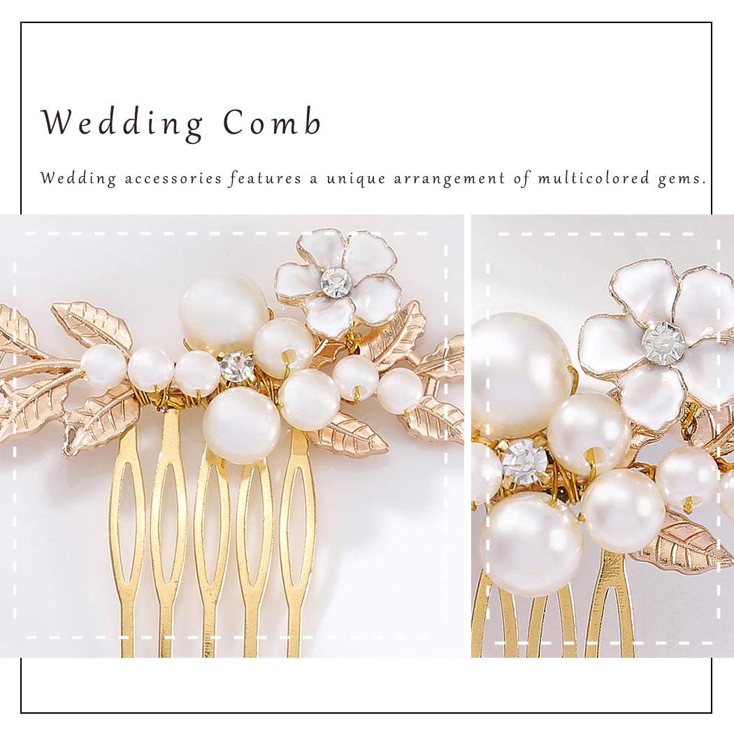 Yokawe Bridal Wedding Hair Comb Gold Pearl Flower Hair Clip Vintage leaf Rhinestone Bride Hair Accessories for Women (Gold)