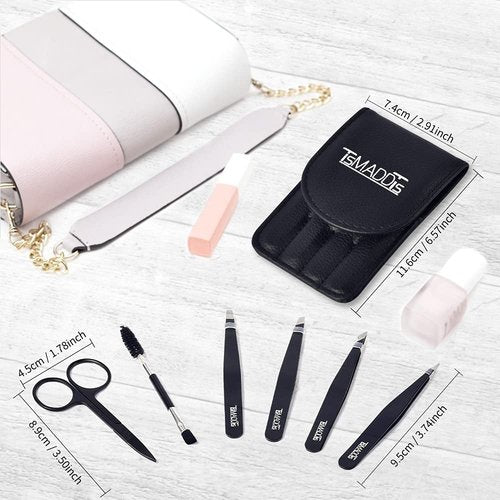 TsMADDTs Tweezers Set and Curved Scissors, Professional Stainless Steel Tweezers for Women and Men, 6 Pack Precision Tweezers For Eyebrows for Ingrown Hair, Daily Beauty Tool with Leather Travel Case