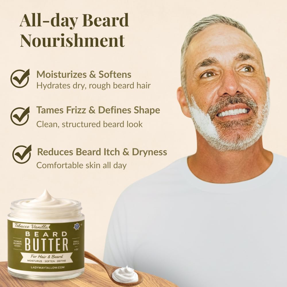 Tallow Man Tobacco Vanilla Beard & Body Butter - Grass-Fed Tallow | 9oz | Premium Men's Grooming