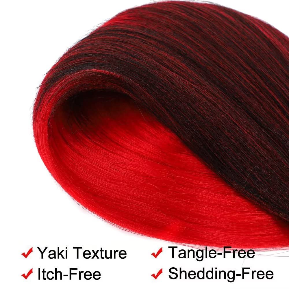 Ombre Red Braiding Hair Pre Stretched Black to Red EZ Braiding Hair 6 Packs/Lot 26 Inches Yaki Texture Braiding Hair Hot Water Setting Synthetic Fiber for Crochet Hair Extensions (Ombre Red)