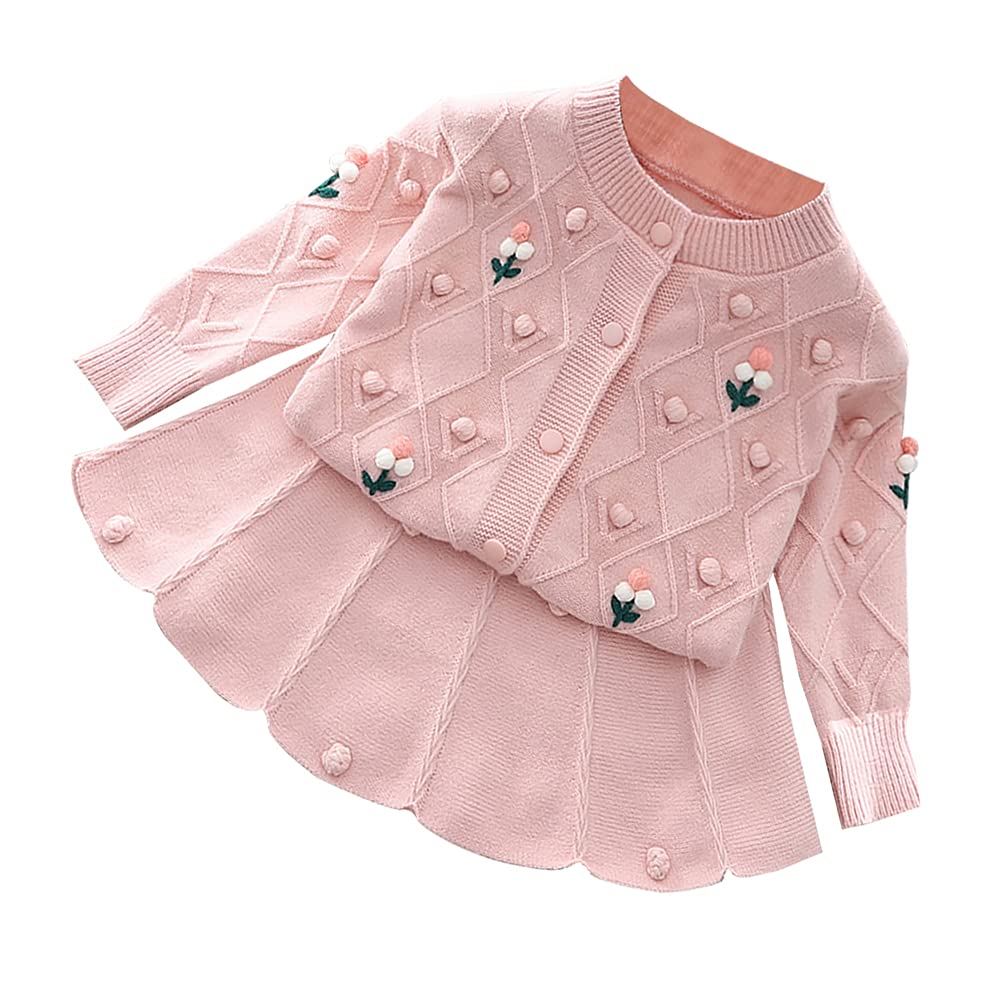 Toddler Baby Girls Autumn Winter Fall Clothes Knit Long Sleeve Ruffle Sweater Top+Pleated Mini Tutu Skirt 2pcs Outfit for Kids Princess Casual Playwear Homewear Clothing Set Pink-Ball 18-24 Months