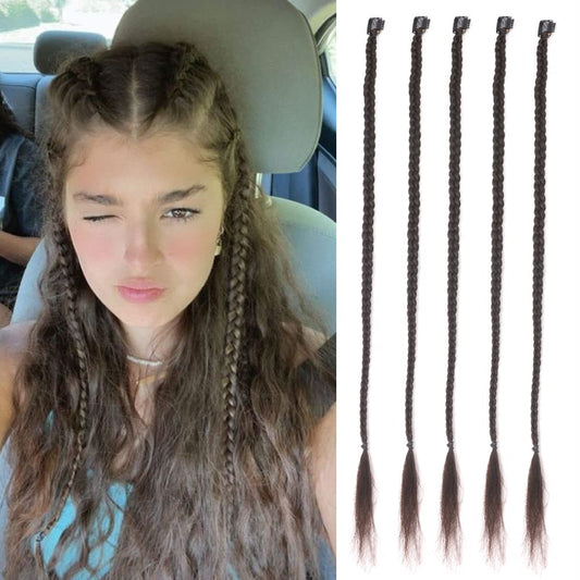 Braid Hair Extensions, 5 PCS Baby Braids Front Side Bangs Long Braided Hair Piece Natural Soft Hair for Women Daily Wear 22 Inch Clip in Hair Extensions (Brown Black)