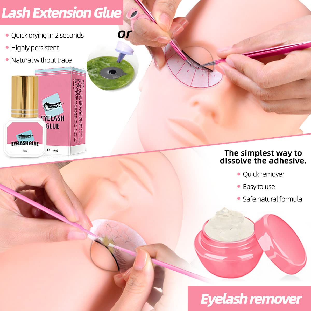 Lash Extension Kit Professional Eyelash Extensions Practice Set with Mannequin Head Removable Eyelids USB Lash Fan Individual False Eyelash Shampoo Brush Glue Practical Tools for Beginners