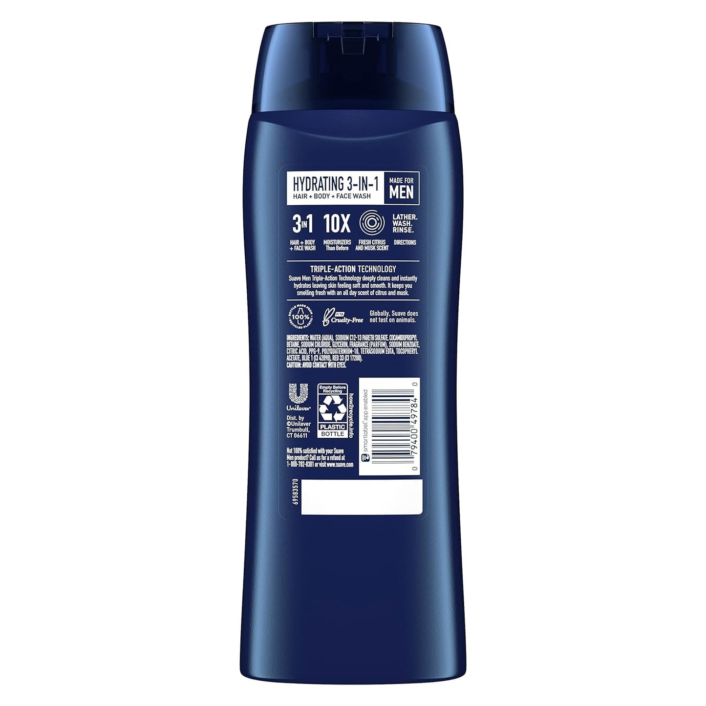 Suave Men 3-in-1 Moisturizing Body, Face & Hair Wash - Hydrating Citrus & Musk Scent, 18 Oz (Pack of 6)