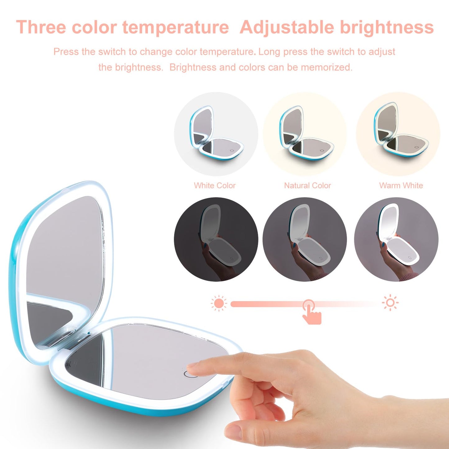 Mocado Compact LED Travel Makeup Mirror - 4 Inches 1X/10X Magnification Travel Mirror with Light Dimmable Double Sides Lighted USB Rechargeable Compact Mirror for Purse,Pocket,Travel(Blue)