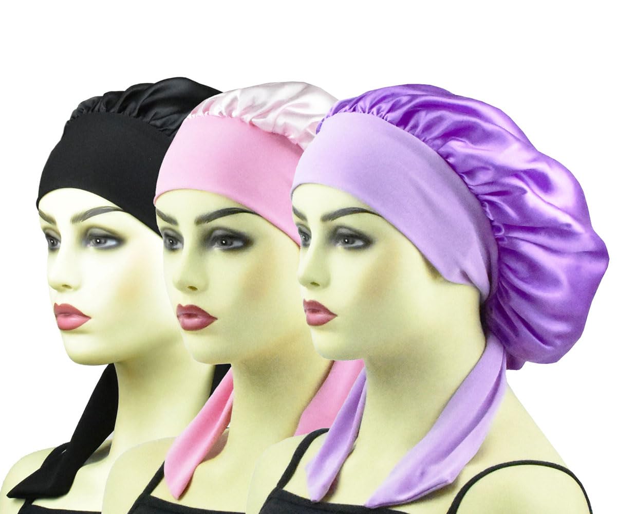 Silk Bonnet Satin Bonnet for Sleeping Curly Hair Cover Sleep Cap Silk Night Caps for Women Large Silk Sleep Bonnet with Tie (Black + Pink + Light Purple)