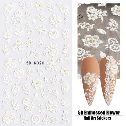 5D Embossed Flower Nail Art Stickers, 6 Sheets Self-Adhesive Nail Sticker Decals,Luxury Hollow Exquisite Pattern Spring Daisy Leaf Butterfly Lace Carving Design for Salon Home Acrylic Nail Decoration