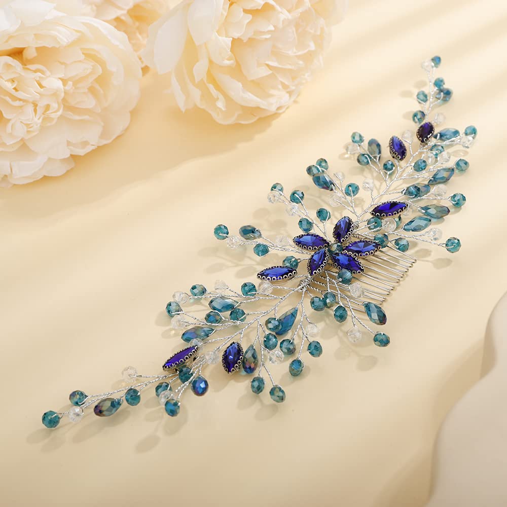 Teyglen Crystal Wedding Hair Comb Bridal Flower Rhinestone Hair Side Comb Handmade Blue Red Black Green Crystal Hair Pieces Dainty Headpieces Hair Accessories for Women Bride Flower Girls