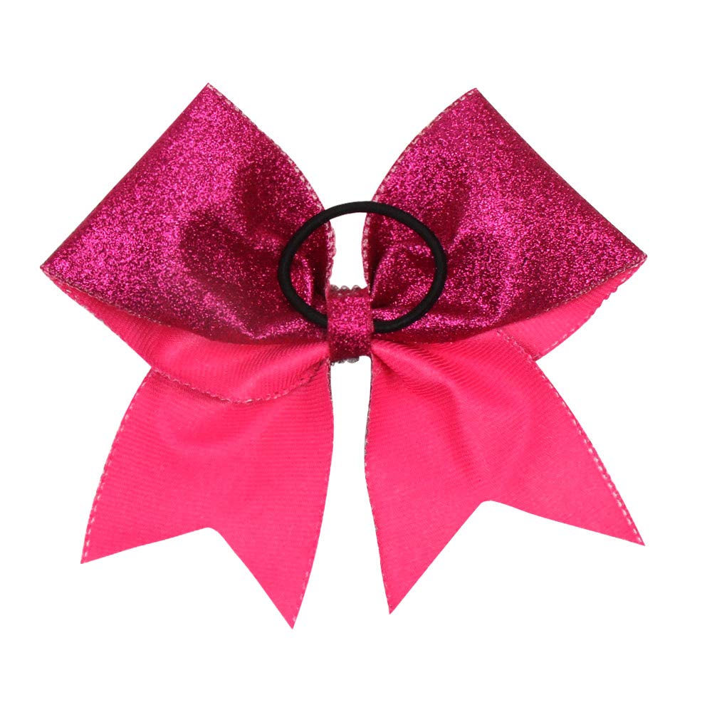 OAOLEER 4PCS 7" Large Grosgrain Hair Bows with Ponytail Holder - Glitter Cheer Bows (Pink) for Women - Breast Cancer Awareness Month